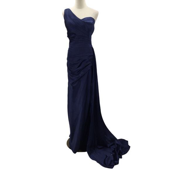 FORMAL PARTY SZ 14 1x plus navy blue one shoulder satin lace up maxi dress B172 - Picture 1 of 8